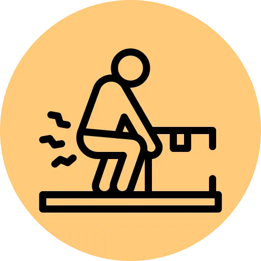 Icon of a person sitting on a toilet in a minimalistic design, set against an orange circle background.