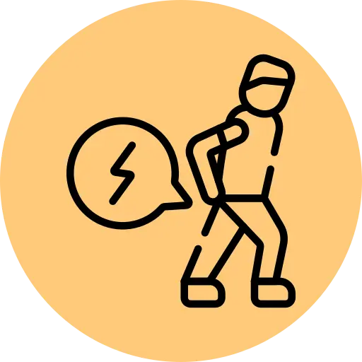 Outline of a person with a pained expression holding their lower back, accompanied by a speech bubble with a lightning bolt symbol, against an orange circle background.