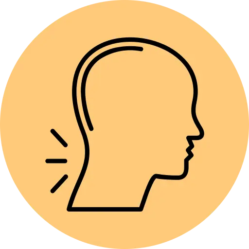 Outline of a human head in profile with a curved line and two dashes at the neck, symbolizing neck pain, on a beige circular background.