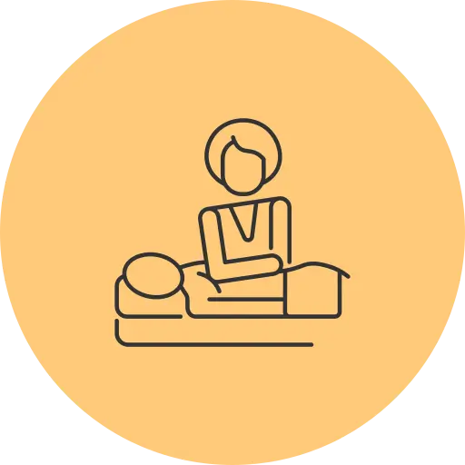 Icon of a person caring for a patient in bed, against a peach background.